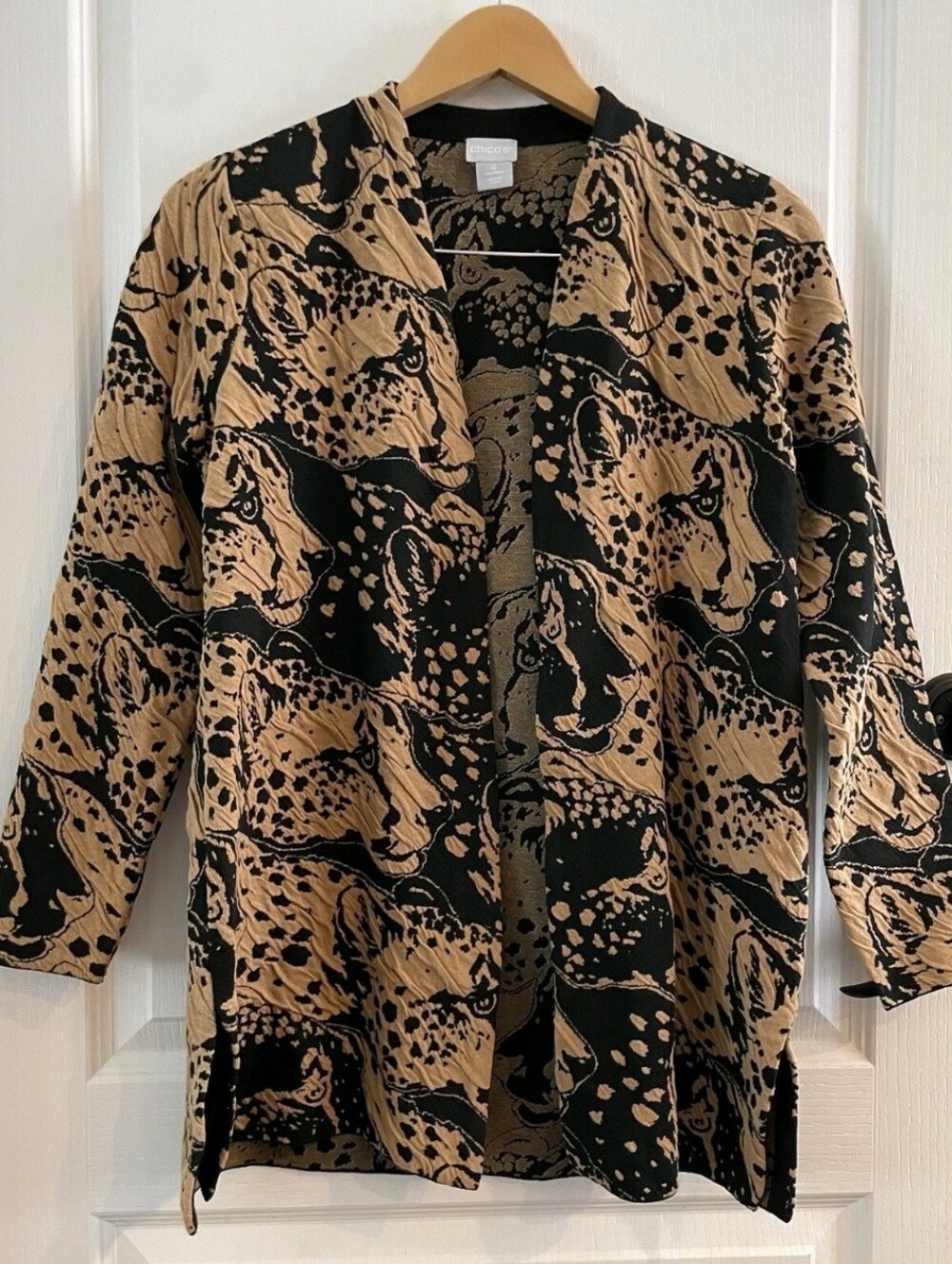 🐆CHICO'S CARDIGAN CHEETAH LONG JACKET   CHICO'S SIZE 2    EUC